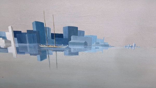 Grande Toile Abstraite Représentant Une Skyline Cubiste En Camaïeux De Bleu