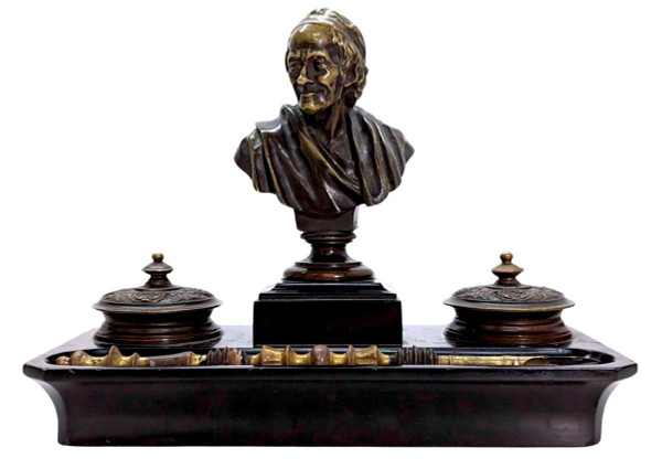 Napoleon III Bronze And Black Marble Inkwell With Voltaire Decor