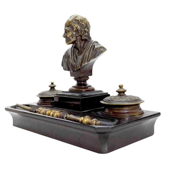 Napoleon III Bronze And Black Marble Inkwell With Voltaire Decor