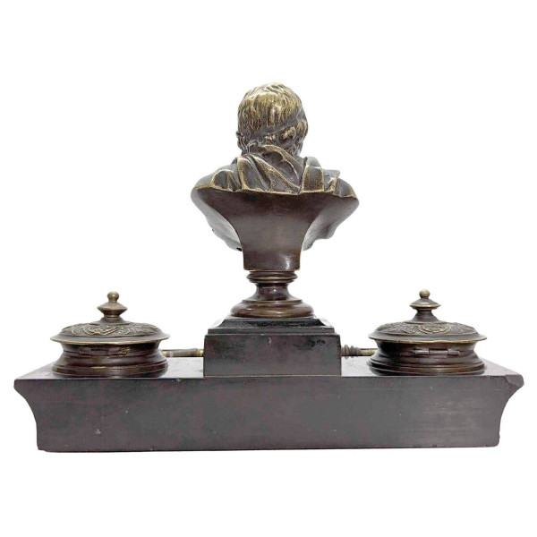 Napoleon III Bronze And Black Marble Inkwell With Voltaire Decor