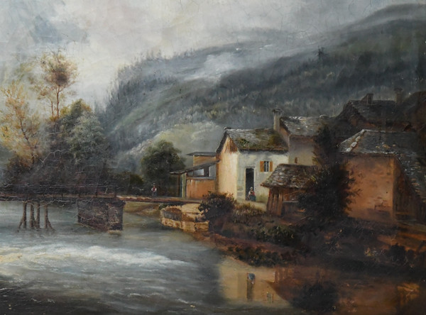 Französische Schule aus dem 19. Jahrhundert, Öl auf Leinwand. Haus am Fluss, Berglandschaft