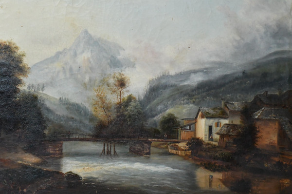 Französische Schule aus dem 19. Jahrhundert, Öl auf Leinwand. Haus am Fluss, Berglandschaft