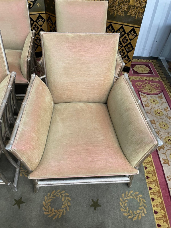 Suite De 6 Fauteuils Bergères En Bambou Argenté Et Velours