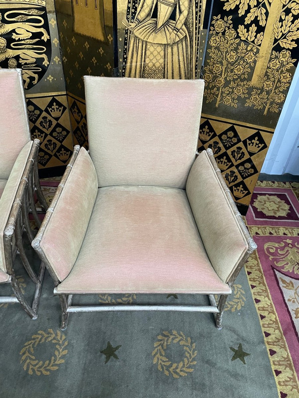 Suite De 6 Fauteuils Bergères En Bambou Argenté Et Velours