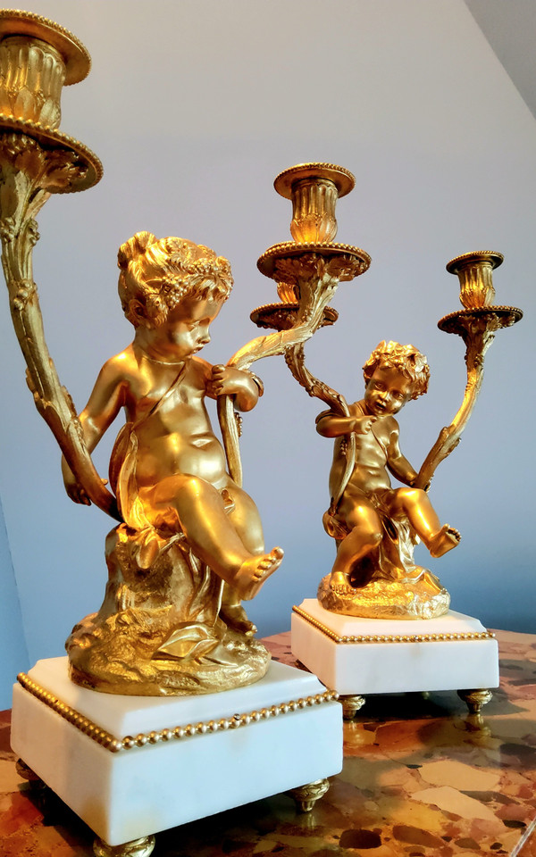 Pair of Candelabra in gilded bronzes Young Bacchus and Bacchante after Clodion Louis XVI Style