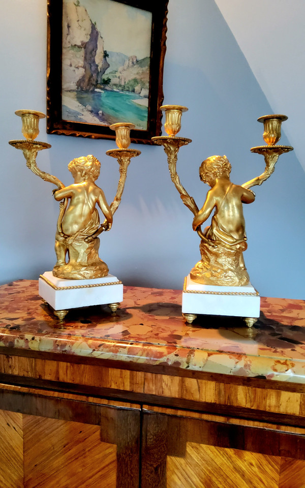 Pair of Candelabra in gilded bronzes Young Bacchus and Bacchante after Clodion Louis XVI Style