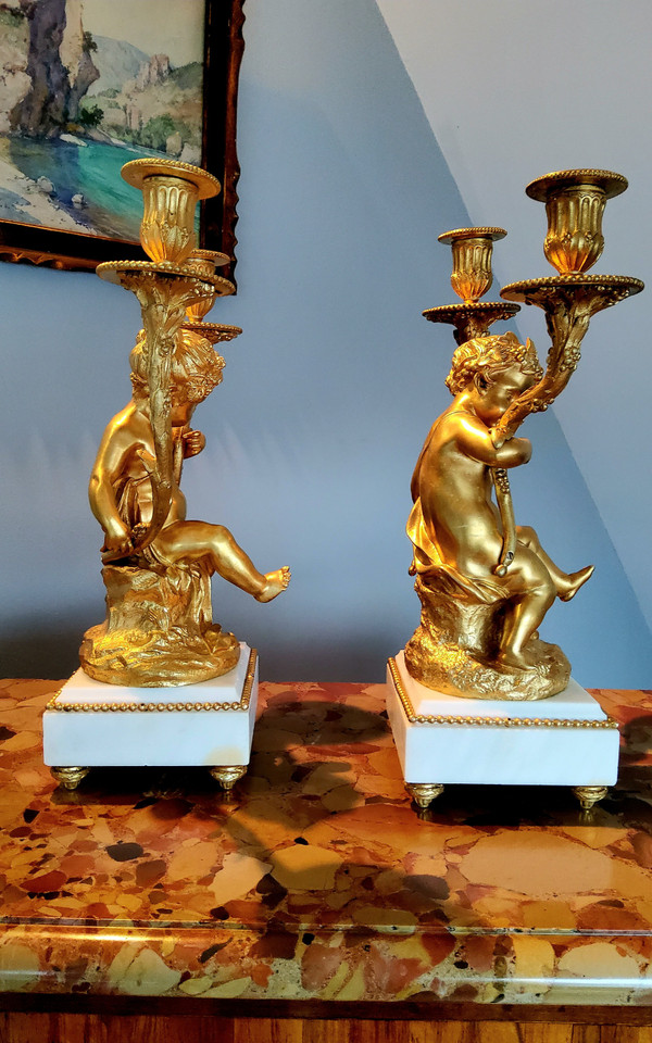 Pair of Candelabra in gilded bronzes Young Bacchus and Bacchante after Clodion Louis XVI Style