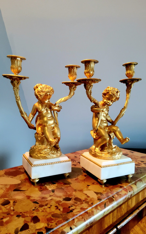 Pair of Candelabra in gilded bronzes Young Bacchus and Bacchante after Clodion Louis XVI Style