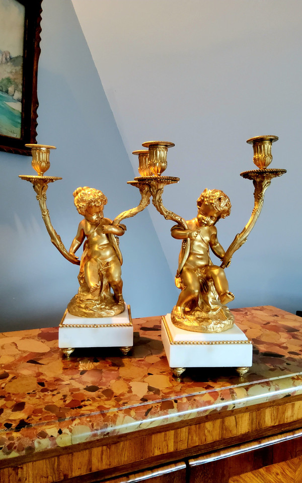 Pair of Candelabra in gilded bronzes Young Bacchus and Bacchante after Clodion Louis XVI Style