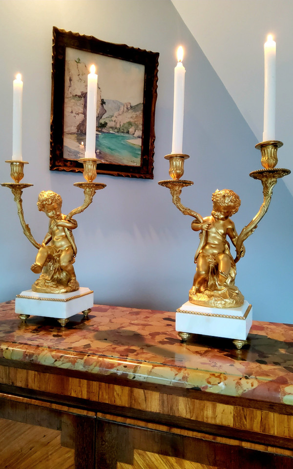 Pair of Candelabra in gilded bronzes Young Bacchus and Bacchante after Clodion Louis XVI Style