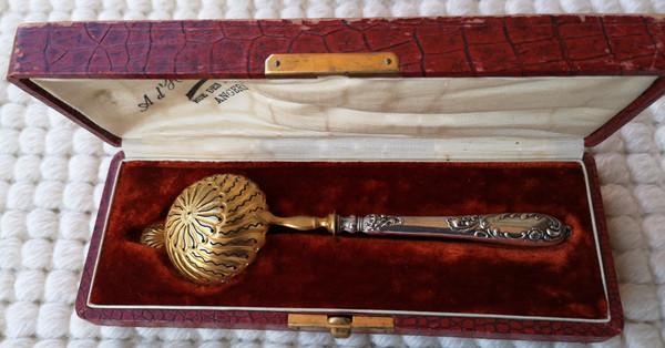 Box: lovely silver-filled sprinkling spoon and golden spoon