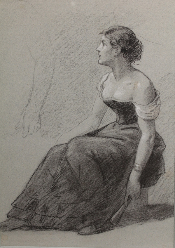 Charcoal and white chalk drawing 'Woman seated with a fan' Victor René Livache (1872-1944)