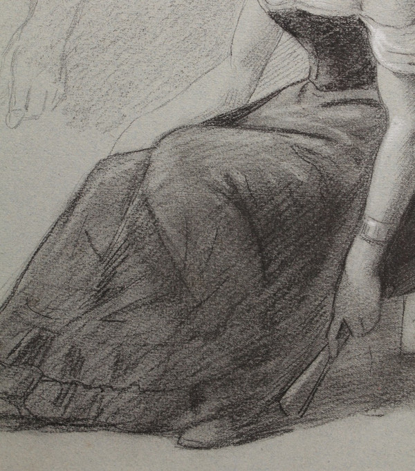 Charcoal and white chalk drawing 'Woman seated with a fan' Victor René Livache (1872-1944)