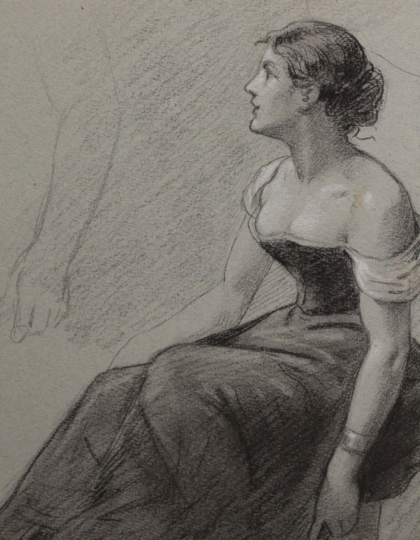 Charcoal and white chalk drawing 'Woman seated with a fan' Victor René Livache (1872-1944)