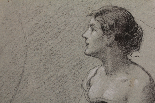 Charcoal and white chalk drawing 'Woman seated with a fan' Victor René Livache (1872-1944)