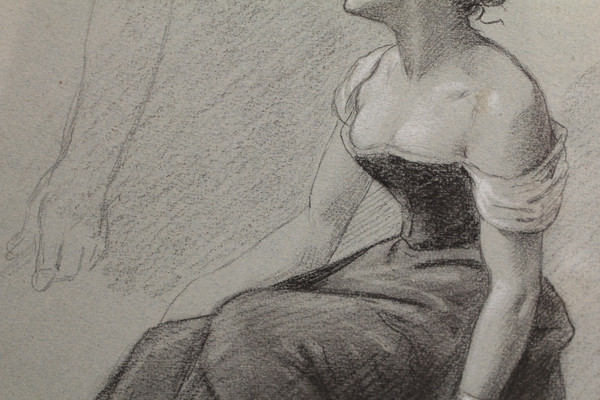 Charcoal and white chalk drawing 'Woman seated with a fan' Victor René Livache (1872-1944)