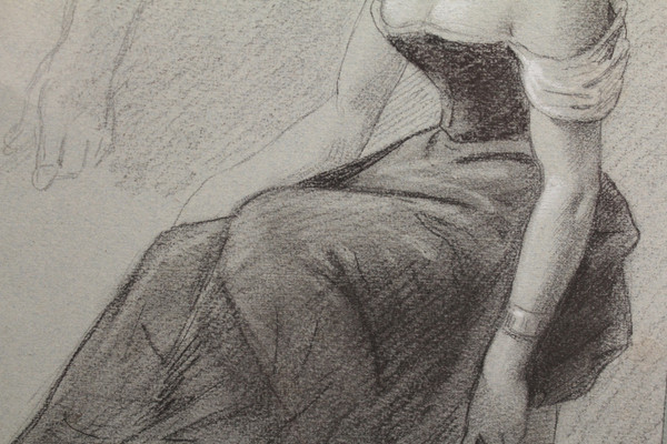 Charcoal and white chalk drawing 'Woman seated with a fan' Victor René Livache (1872-1944)