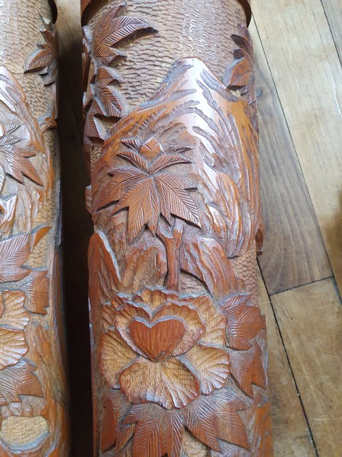 A large pair of carved Japanese brush pots (39.8 cm h)