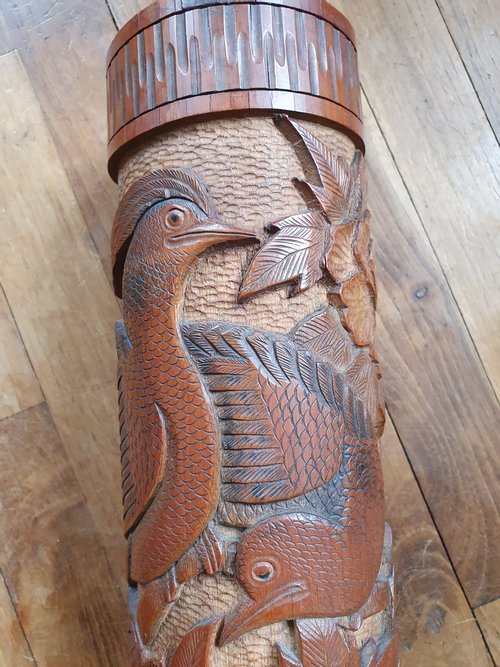 A large pair of carved Japanese brush pots (39.8 cm h)