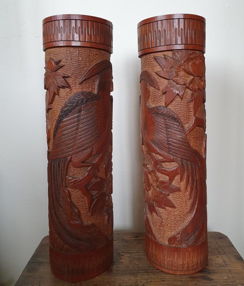 A large pair of carved Japanese brush pots (39.8 cm h)