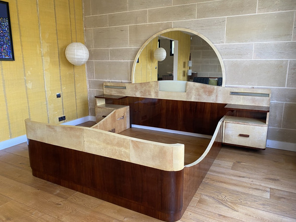 Large bed with integrated bedside tables in rosewood and parchment, Art Deco, 20th century 