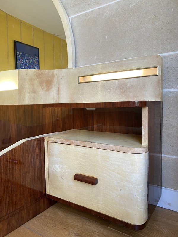 Large bed with integrated bedside tables in rosewood and parchment, Art Deco, 20th century 