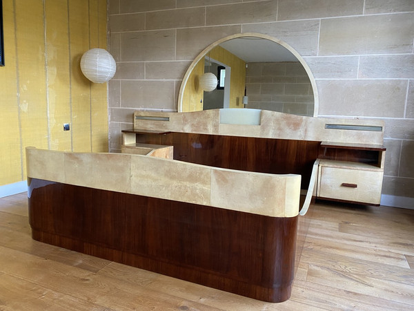 Large bed with integrated bedside tables in rosewood and parchment, Art Deco, 20th century 