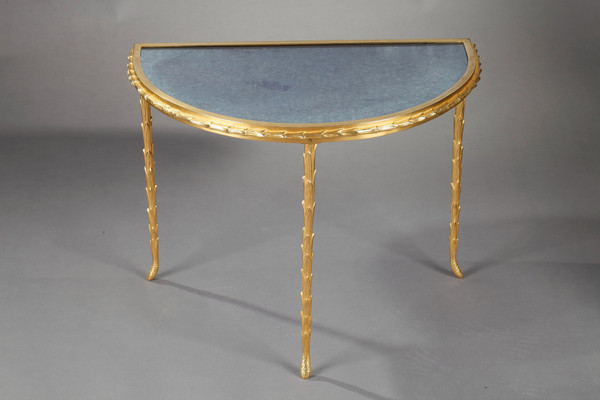 Small half moon table with aged mirror top in bronze, Maison Baguès