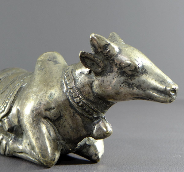 India, First Third of the 20th Century, Silver Bronze Statue Nandi Bull, Mounted by Shiva.