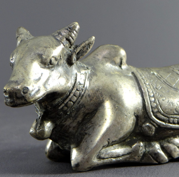 India, First Third of the 20th Century, Silver Bronze Statue Nandi Bull, Mounted by Shiva.