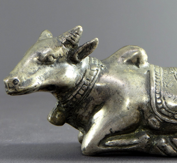 India, First Third of the 20th Century, Silver Bronze Statue Nandi Bull, Mounted by Shiva.