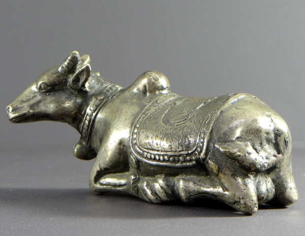 India, First Third of the 20th Century, Silver Bronze Statue Nandi Bull, Mounted by Shiva.