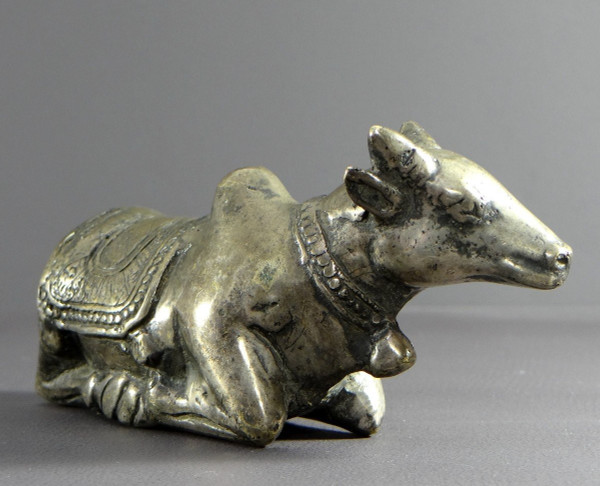 India, First Third of the 20th Century, Silver Bronze Statue Nandi Bull, Mounted by Shiva.