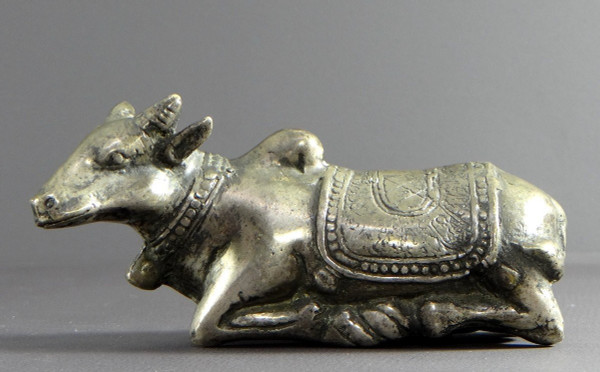 India, First Third of the 20th Century, Silver Bronze Statue Nandi Bull, Mounted by Shiva.