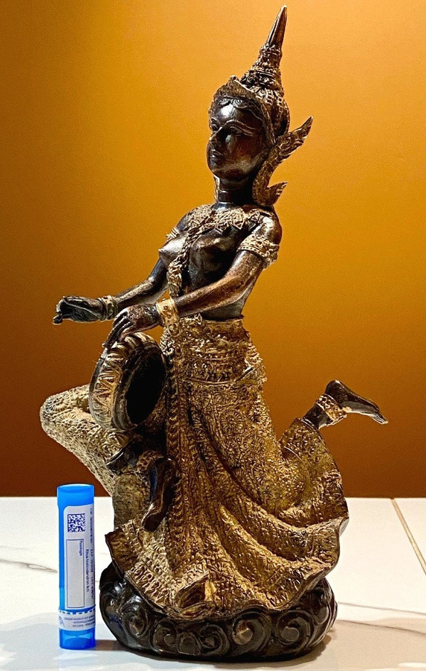 Thailand, Mid-20th Century, Bronze Musician Statue With Dark And Gold Patina.