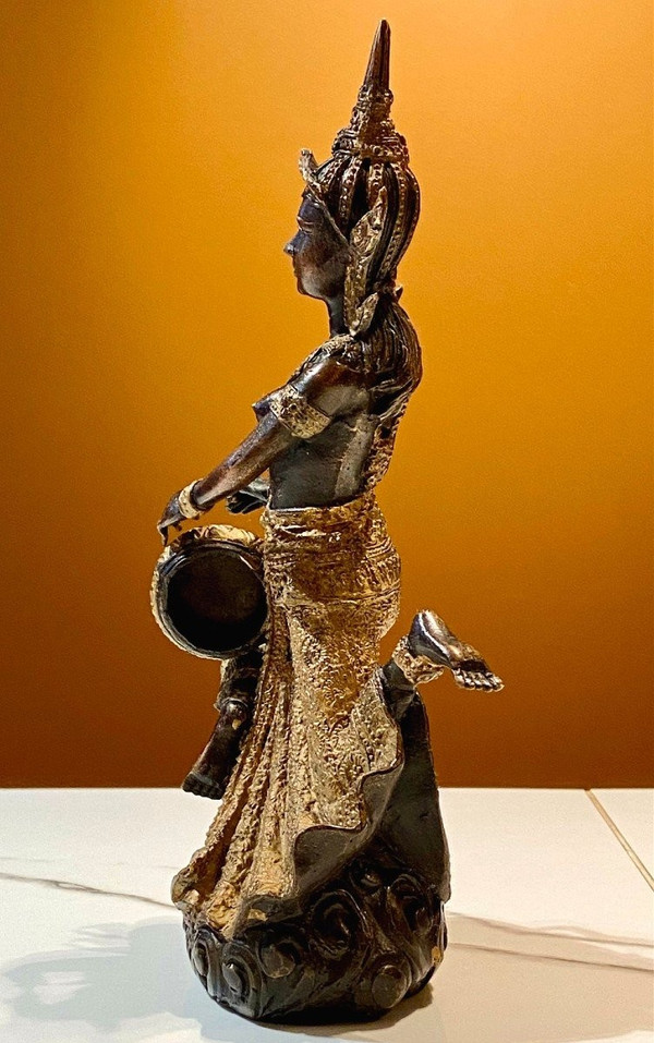 Thailand, Mid-20th Century, Bronze Musician Statue With Dark And Gold Patina.