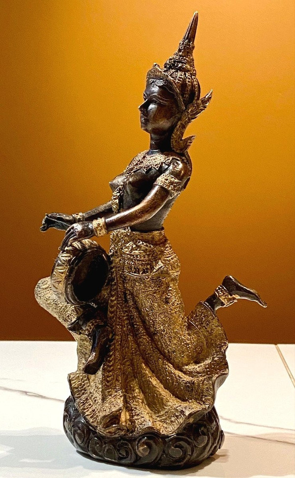 Thailand, Mid-20th Century, Bronze Musician Statue With Dark And Gold Patina.