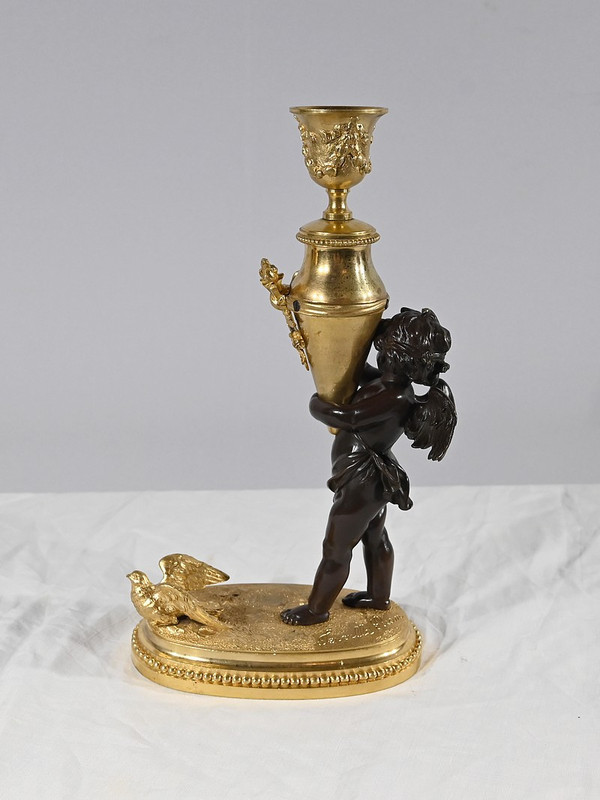 Bronze Candlestick “Blindfolded Love”, signed Ferville Suan – Late 19th century