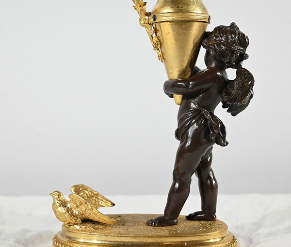 Bronze Candlestick “Blindfolded Love”, signed Ferville Suan – Late 19th century