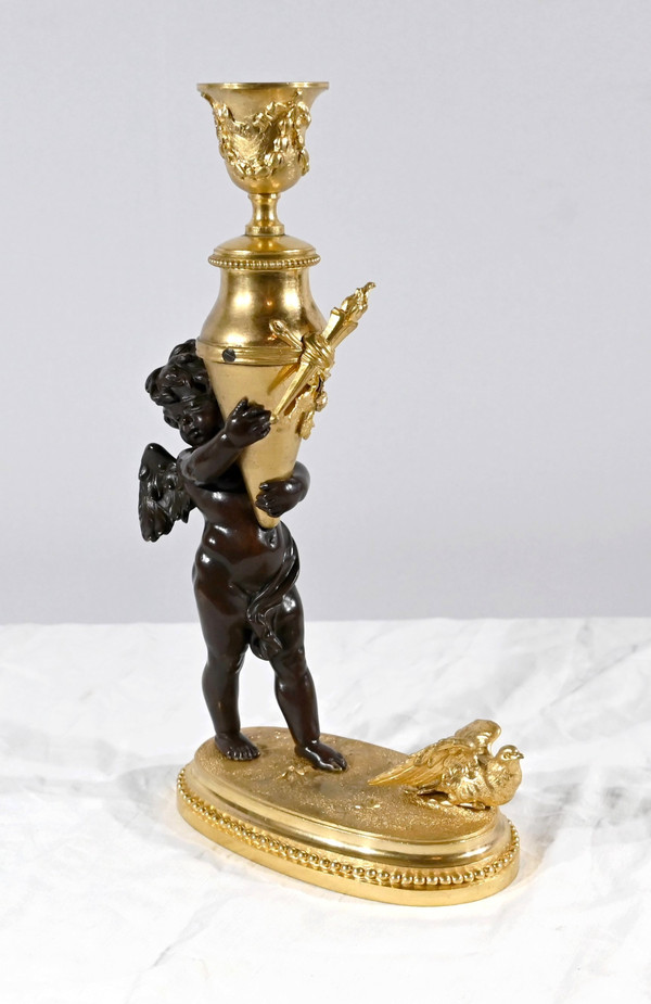 Bronze Candlestick “Blindfolded Love”, signed Ferville Suan – Late 19th century