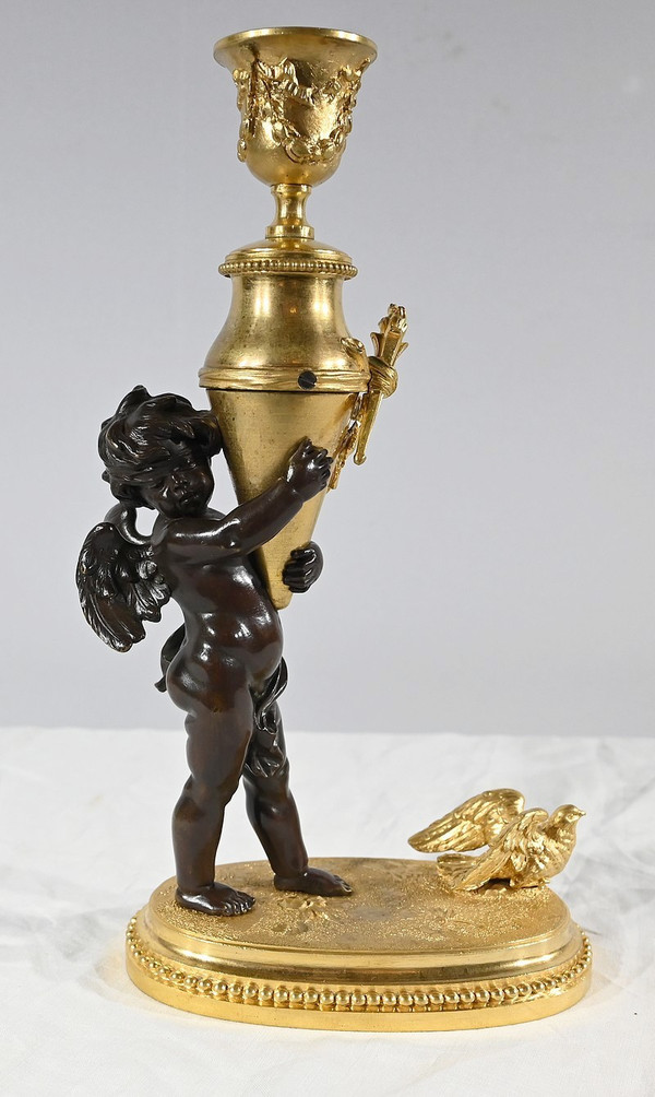 Bronze Candlestick “Blindfolded Love”, signed Ferville Suan – Late 19th century