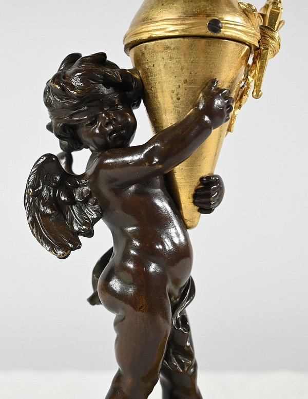 Bronze Candlestick “Blindfolded Love”, signed Ferville Suan – Late 19th century