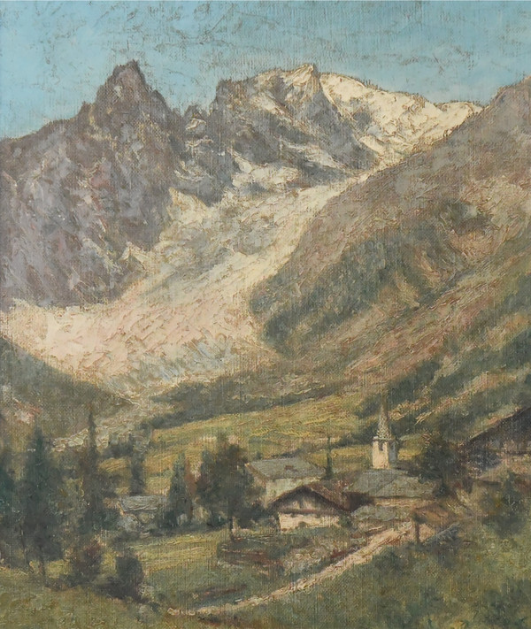 Clément CASTELLI (1870-1959) Huile sur toile "Village d'Entrèves. Mont Blanc, versant Italien"