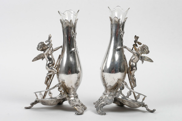 A pair of Art Nouveau silver-plated soliflore vases, 20th century period