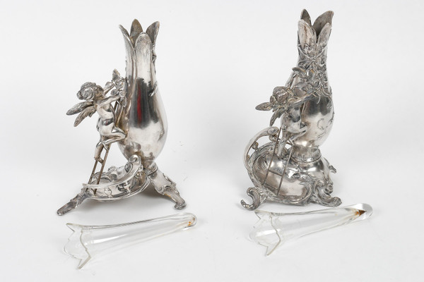 A pair of Art Nouveau silver-plated soliflore vases, 20th century period