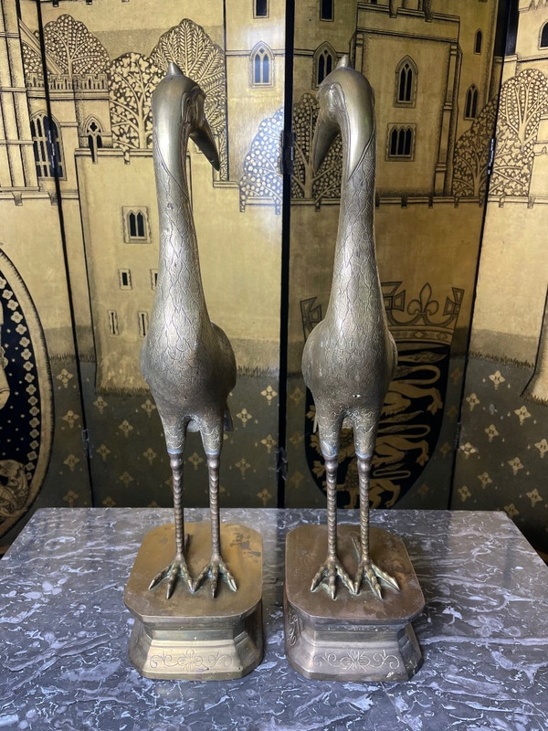 Pair Of Bronze Heron Cranes