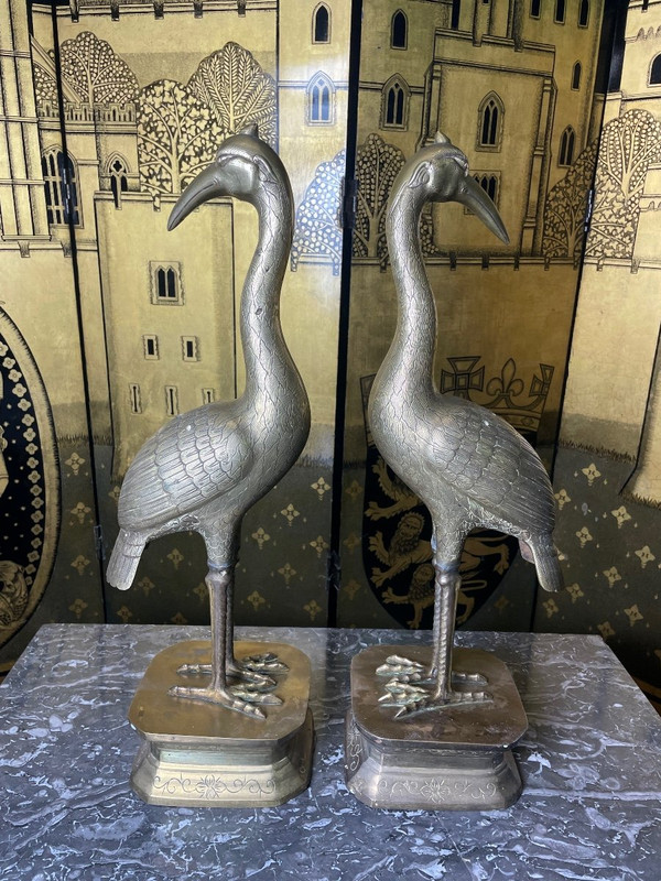 Pair Of Bronze Heron Cranes