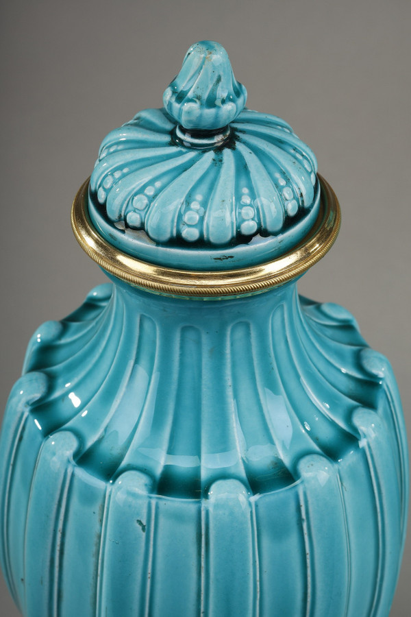 Pair of Louis XVI style covered vases in ceramic 