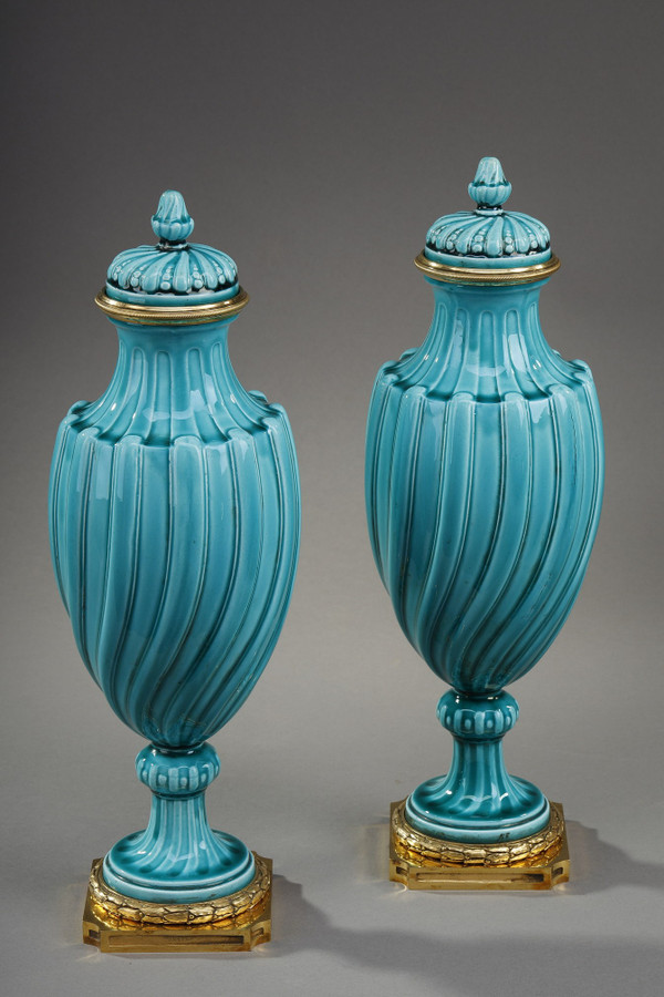 Pair of Louis XVI style covered vases in ceramic 