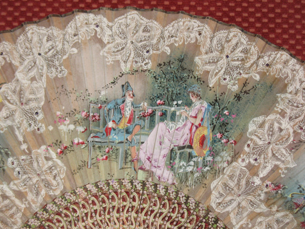 Fan with lace decoration, genre scene, flowers and birds painted on gauze, 19th century